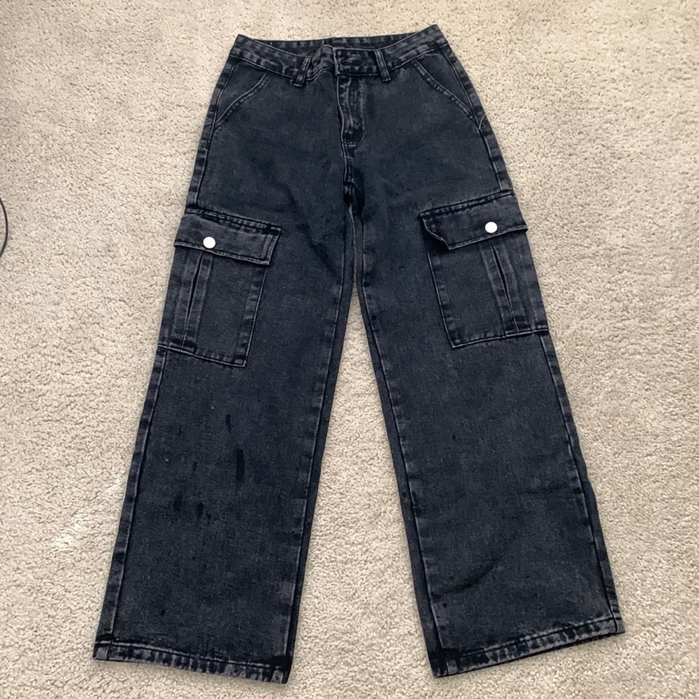 SHEIN Black Cargo Pocket Wide Leg Jeans